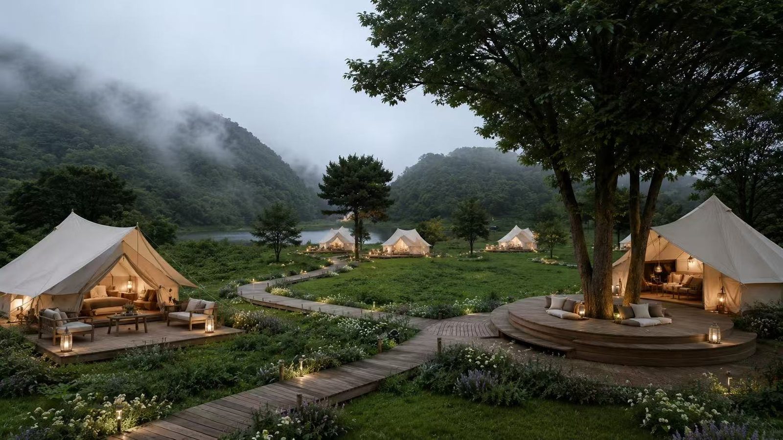 A canvas suite at dawn — the bed turned toward the misty Wuling peaks, a private balcony beyond