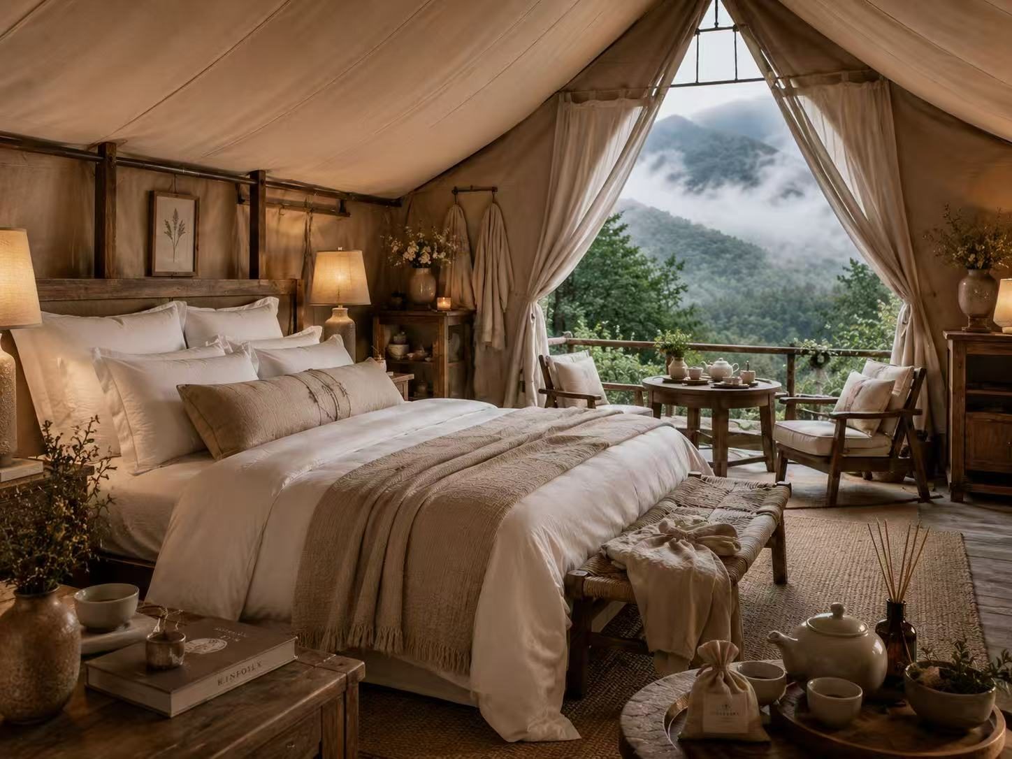Morning light across the bed and the open valley view