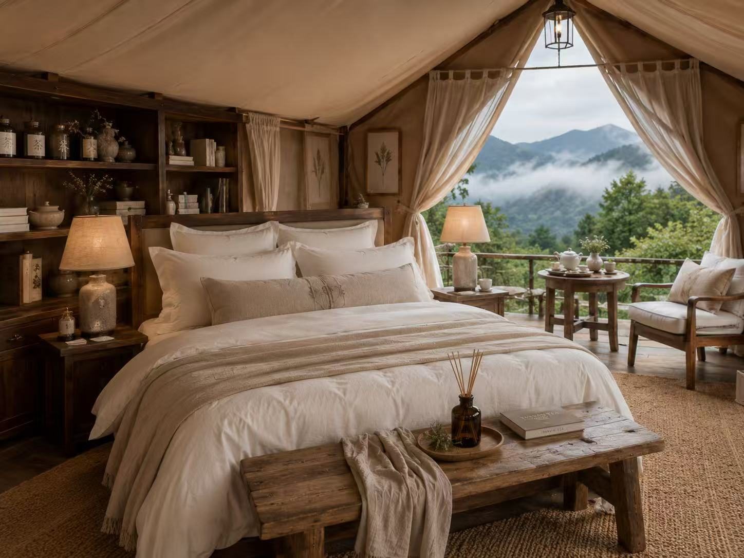 A suite interior with mountain tea jars on timber shelves, opening to the misty valley